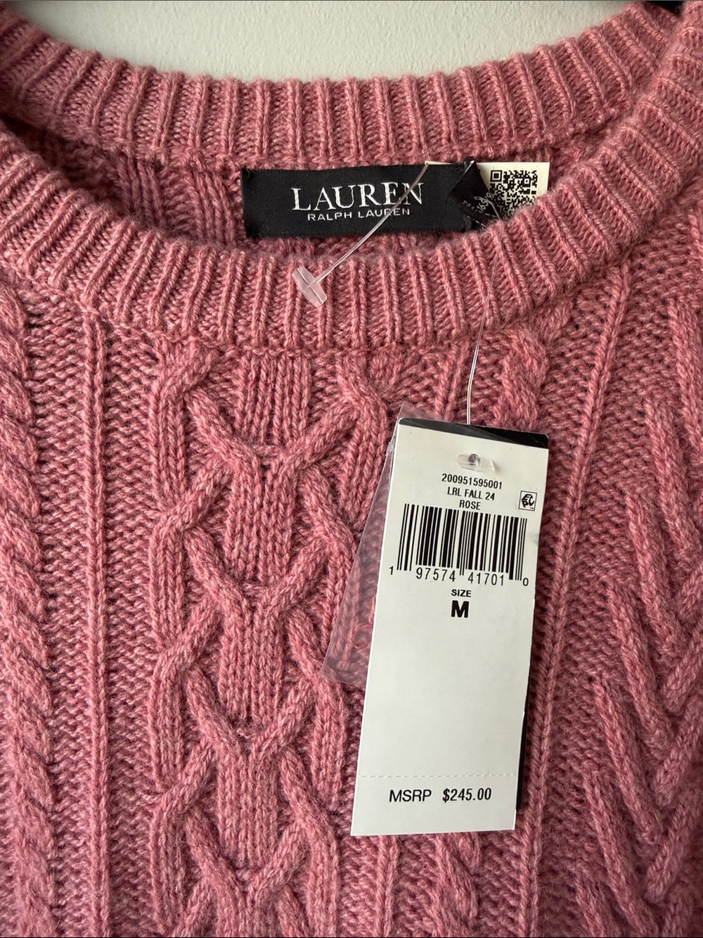 Lauren Ralph Lauren Rose Cable Knit Crewneck Sweater cashmere wool M - Picture 2 of 4